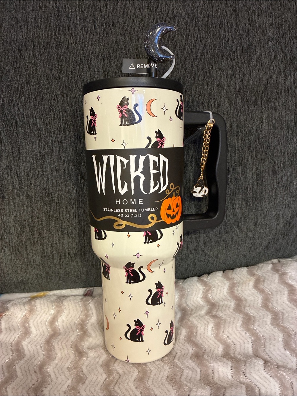 Halloween Black Cat Stainless Steel Tumbler - 40 oz - keychain and moon straw